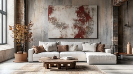 Living room interior with white sofa, rustic coffee table, and abstract art
