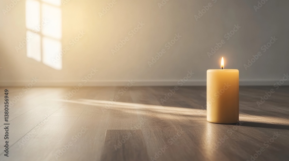 Poster A tranquil meditation space features a single large candle, casting gentle light and creating soothing shadows, ideal for relaxation and mindfulness practice