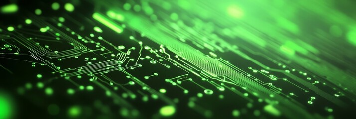 Obraz premium Abstract Green Circuit Board, Close-Up of Technology Background with Glowing Data Flow