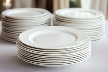 Obraz premium Stacks of clean, white, round porcelain plates neatly arranged for service. Shows preparation for a catering event, buffet, or restaurant service.