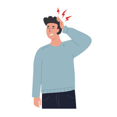Fototapeta premium Young man suffering from a headache, touching his head with a pained expression. Male experiencing pain and discomfort. Migraine or stress. Flat style vector illustration.