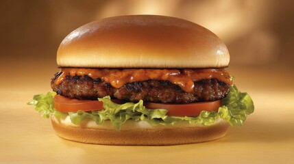 Sandwich-style hamburger features a juicy beef patty, crisp lettuce, and fresh sliced tomatoes, presented on a pastel yellow background with ample copy space