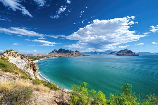Guaymas Miramar Beach: A Serene Waterfront Landscape with Majestic Mountain Views