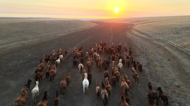 Wild mustangs running through a dusty field at sunset captured from an aerial drone perspective