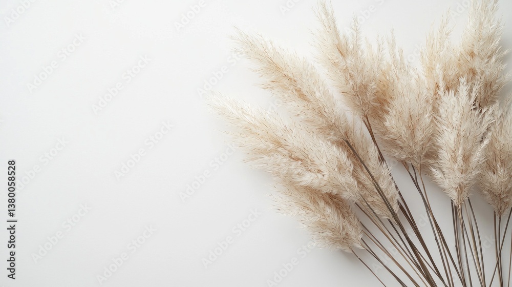 Aufkleber A striking arrangement of tan pampas grass branches flourishes against a pure white backdrop, creating a serene and elegant atmosphere. This natural element adds charm and softness to any setting