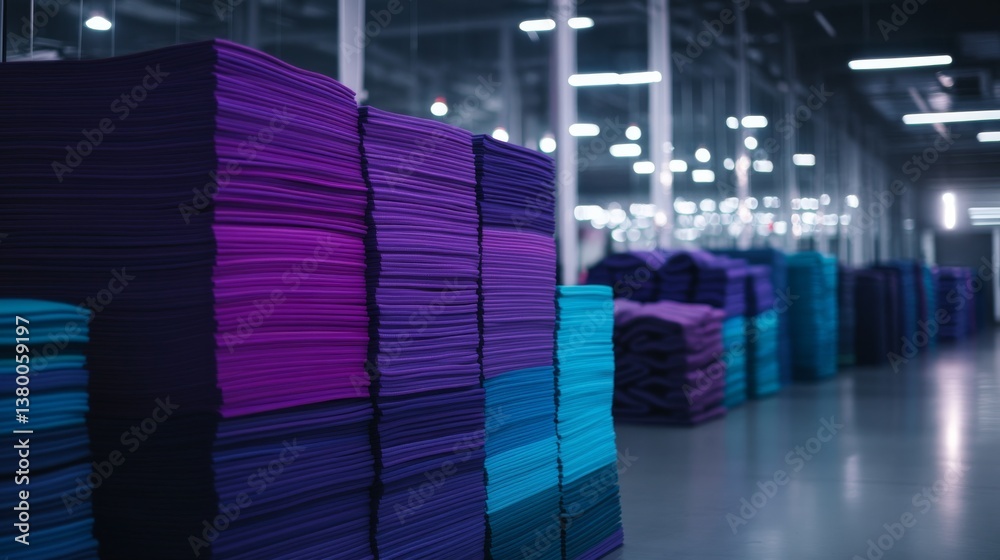 Poster Neatly stacked yoga mats transition from purple to teal, creating a calming effect in a spacious studio filled with natural light and large mirrors