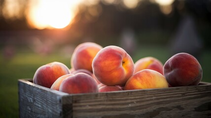 Close-up image of freshly picked peaches in a wooden crate, captured within a serene orchard setting during sunset, highlighting the aesthetic appeal and freshness of the fruit harvest.