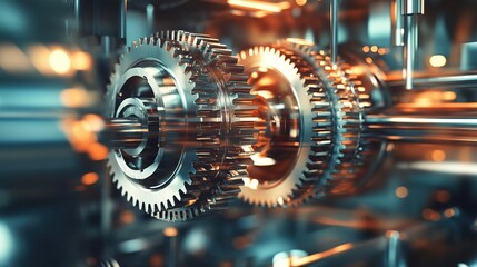 A cinematic shot of spinning gears inside a complex machine, motion blur emphasizing rotation