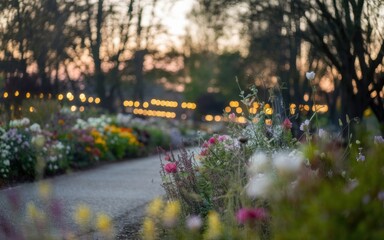 A colorful flower garden lined with a winding path, illuminated by soft lights at dusk with trees in the background.