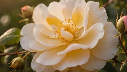 Fototapeta premium Blooming Cream Rose Flower with Buds Close-up Floral Nature Photography