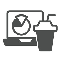 Laptop with diagram and coffee cup solid icon, remote work concept. Vector graphics. Market job, marketing sign on white background, glyph style icon for mobile or web design.