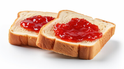 Two pieces of sliced white bread are shown with a generous serving of red strawberry jam spread on top. They sit closely together against a clean, white backdrop