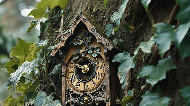 Ornate cuckoo clock on tree trunk, overgrown with ivy