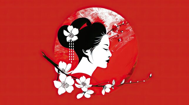 Logo design featuring a geisha with a white flower in her hair and a red cherry blossom on the side of her face, in a vector style with a simple, elegant design