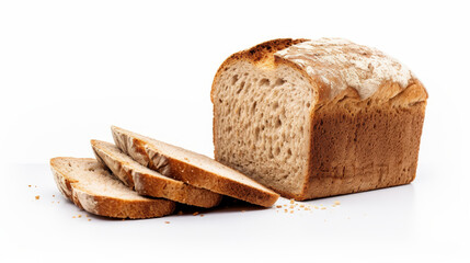 A sourdough bread loaf sits next to three slices on a white surface. The crust is browned, and the crumb is visible in the slices