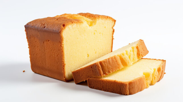 A pound cake loaf with a golden brown crust and light yellow interior sits next to two slices that have been cut. It is presented on a solid white background