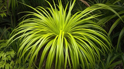 A vibrant green plant with long slender leaves is shown