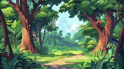 Forêt pixel art ensoleillée, chemin de terre, végétation luxuriante, design rétro pour jeu vidéo ou illustration fantastique