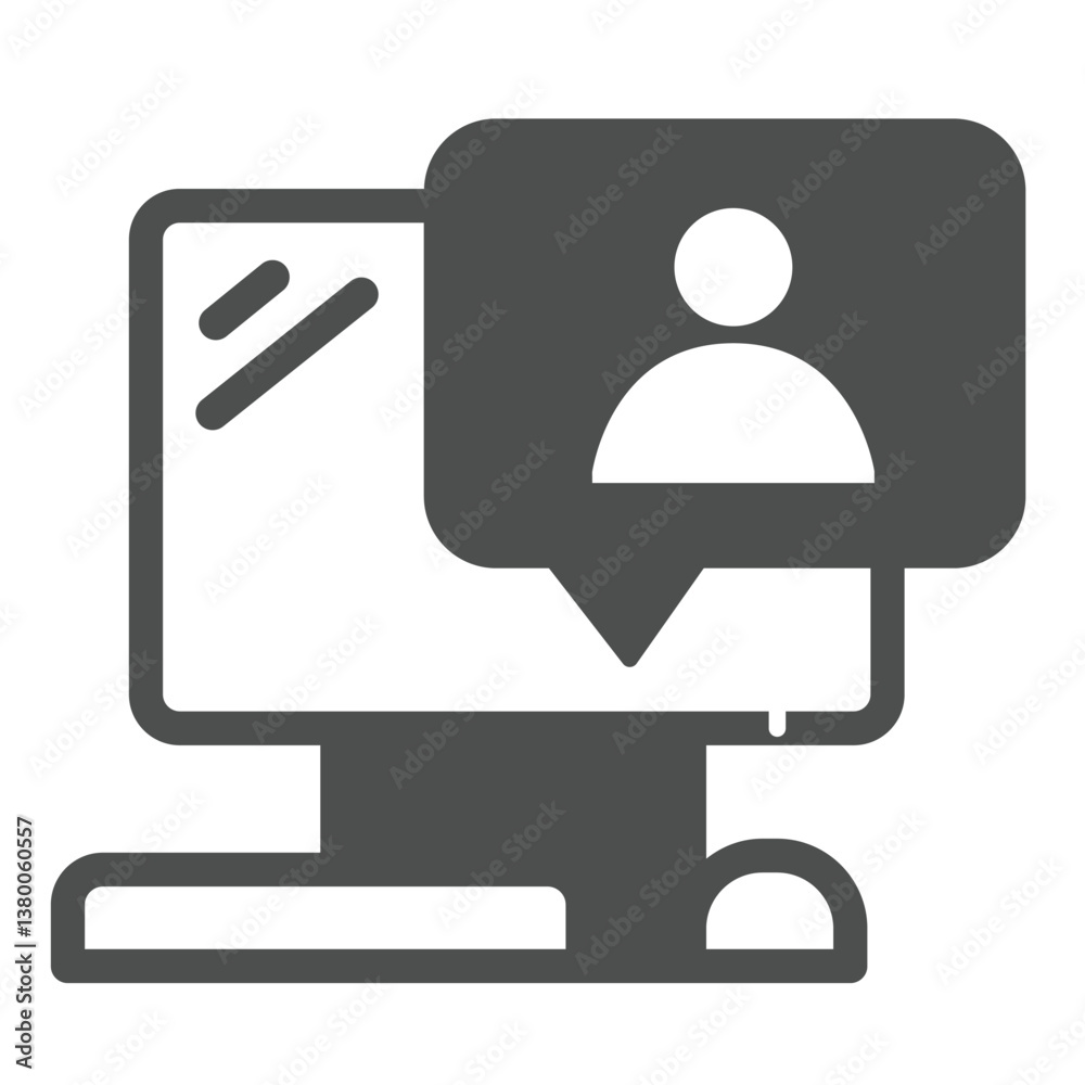 Poster computer with user message solid icon, remote work concept. vector graphics. monitor, display and po