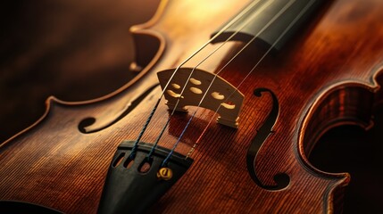 Naklejka premium The smooth, polished wood of the violin gleams under soft lighting, highlighting the delicate bridge and fine strings in a moment of musical elegance.