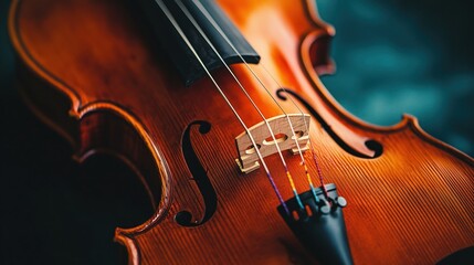 The smooth, polished wood of the violin gleams under soft lighting, highlighting the delicate bridge and fine strings in a moment of musical elegance.