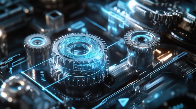 A futuristic breakdown of a high-tech gear system, floating holographic parts displaying functionality