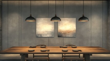 Obraz premium Dining room with wooden table, chairs, and hanging lights