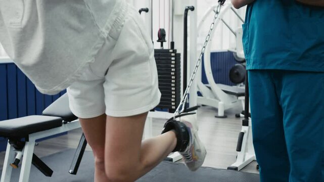 Unknown young woman doing cable kickbacks under control of male rehabilitation specialist standing near her