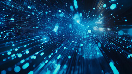 High-speed blue data stream with glowing particles and motion blur