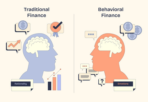 Traditional vs Behavioral Finance, Rationality vs Emotions depicted with brain icons and charts. Neubrutalism style diagram.
