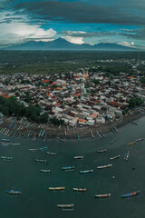 Aerial view - Jetty and boats near Mount Rinjani, Indonesia