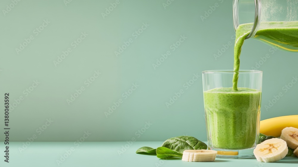 Poster A green smoothie flows into a clear glass, accompanied by banana slices and fresh spinach on a soft pastel surface, creating an inviting and healthy scene