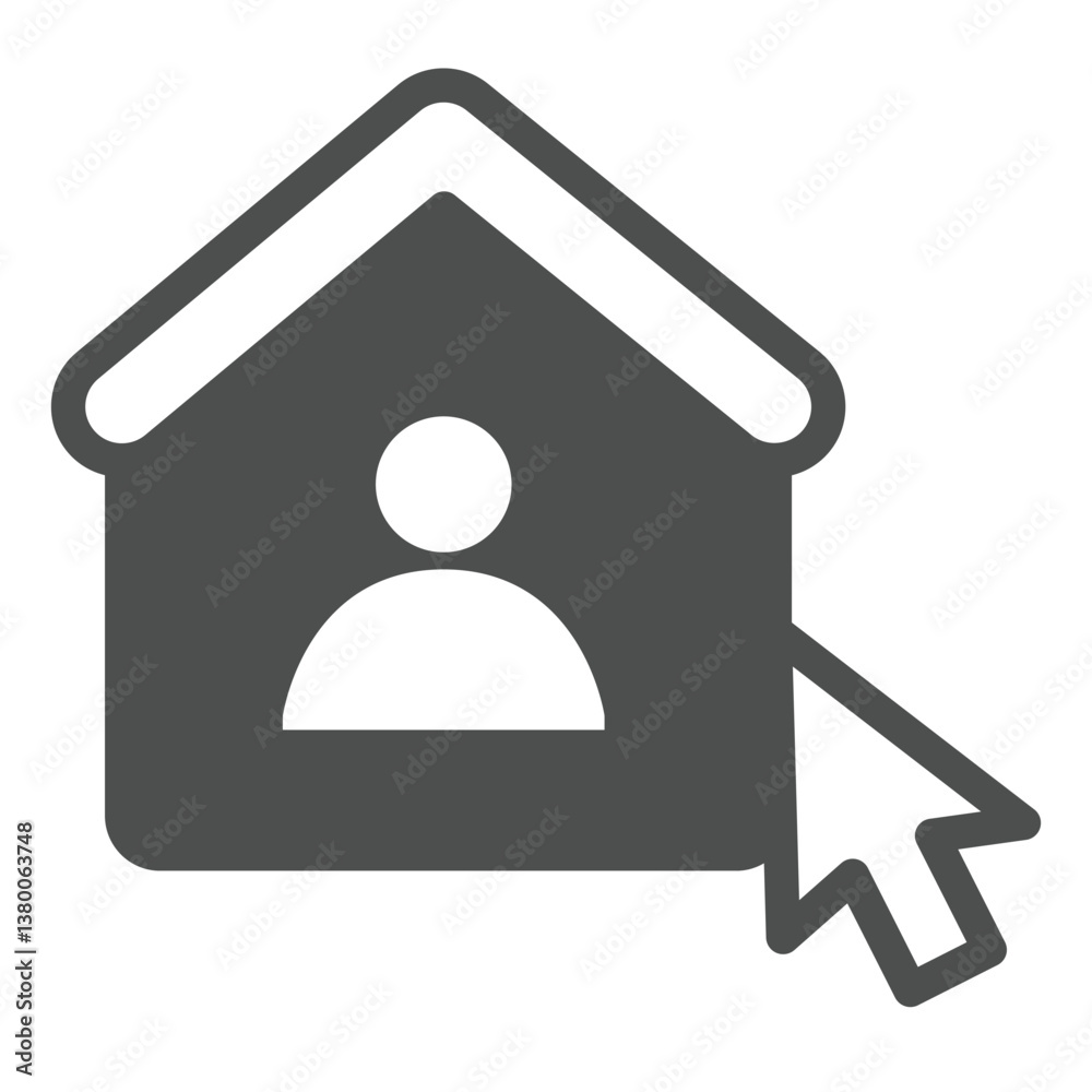 Poster home user and mouse cursor solid icon, remote work concept. vector graphics. user house with mouse p