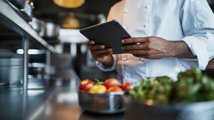 Chef dressed in a clean white uniform uses a tablet to check recipes while fresh produce is neatly arranged beside them in a contemporary kitchen