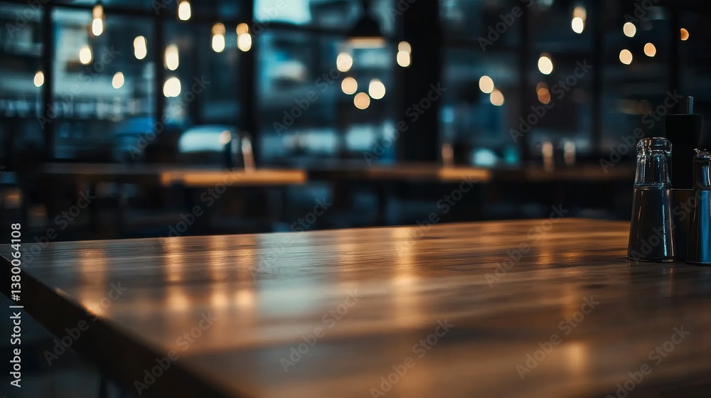 Poster Modern cafe displays sleek wooden tables and elegant pendant lighting, with natural light flooding in through a large window, creating an inviting space