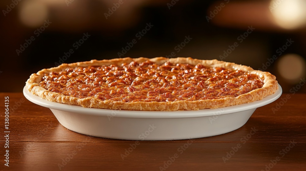 Poster this close-up shows a homemade pecan pie resting on a rustic wooden surface, highlighting its carame