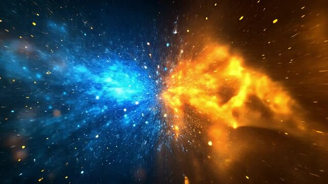 Cosmic Collision of Blue and Gold: A dramatic, digitally rendered scene captures the intense collision of two nebulous entities, one of radiant gold and the other, a vibrant blue.