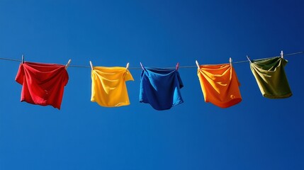 Colorful clothes sway gently in the wind against a vibrant blue sky under warm sunlight during a sunny day in a rural setting