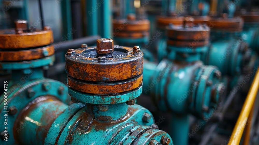 Poster rusted pumps and valves connect through intricate pipeline systems, symbolizing the essential operat