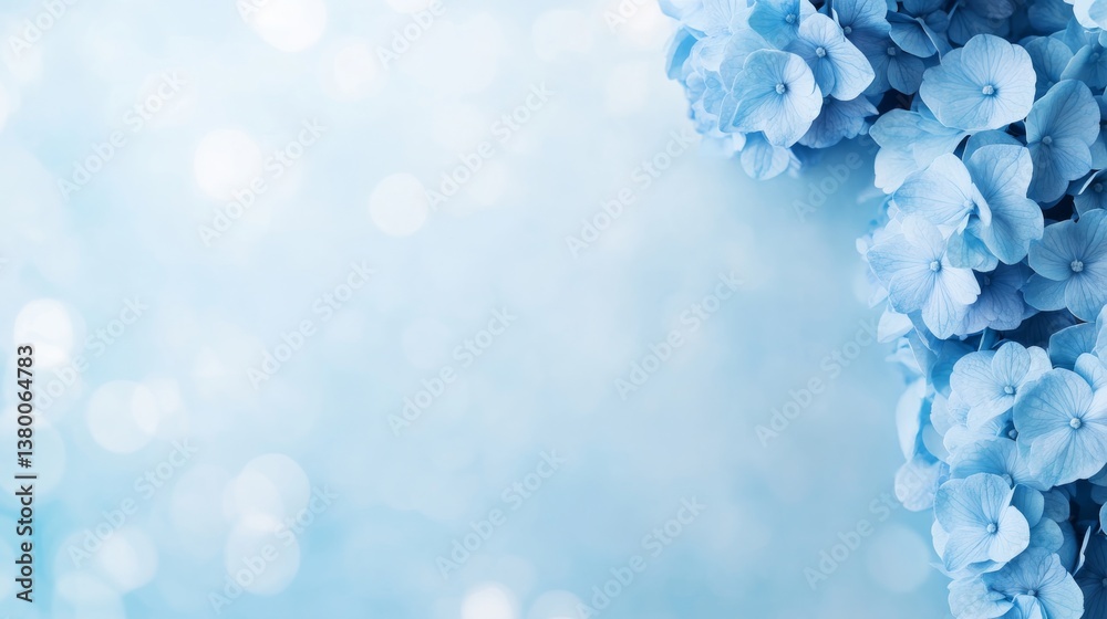 Aufkleber Close-up of a blue hydrangea bloom with soft, radiant petals positioned elegantly on the left side, creating a serene atmosphere with dreamy bokeh on the right