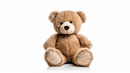 A soft teddy bear with light brown plush fur sits isolated against a pure white background, creating an inviting and comforting appearance perfect for children or decor