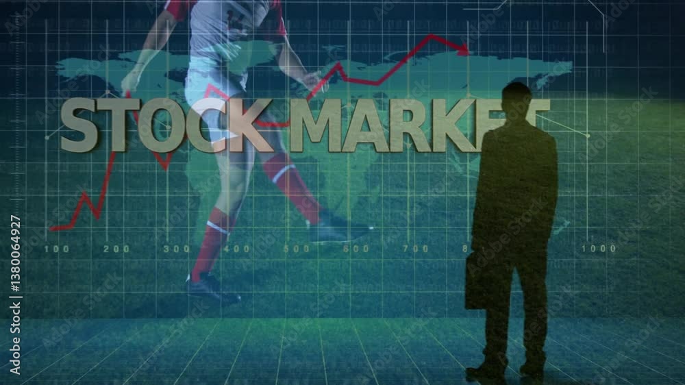 Poster observing animation of stock market text over soccer player with graph in background