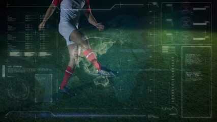Kicking soccer ball on grassy field, player with animation digital data overlay - Powered by Adobe