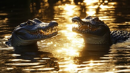Two powerful crocodiles lock eyes in a tense mid water clash, their open jaws frozen in a dramatic moment beneath the sunlit ripples.
