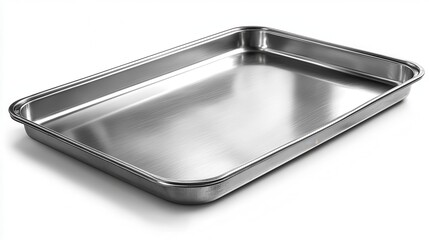 Silver rectangular metal pan on white background. Smooth surface, with subtle curved edges