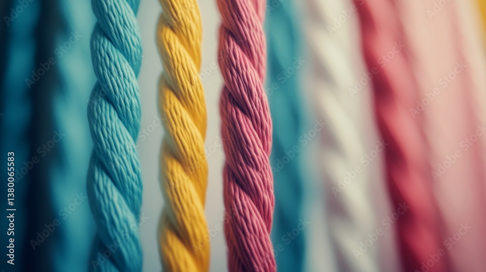 Poster A close-up view of colorful ropes intertwined, representing strength and unity, placed against a softly blurred background, creating depth and focus