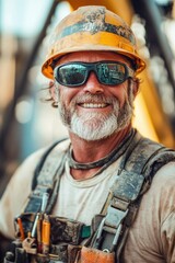 Oil rig worker wearing hard hat, sunglasses and protective clothing posing for a photo. Heavy industry machinery in background.