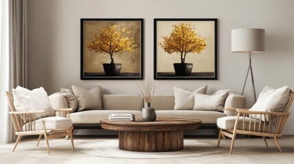 Living room interior with artwork and modern furniture