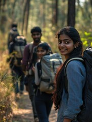 Group of young Indian women on a guided trekking adventure through jungle and mountain landscape, enjoying the outdoor experience together.