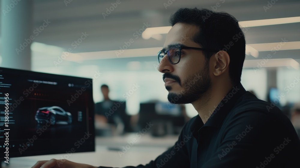 Poster automotive engineer engages with a holographic display revealing an innovative smart electric vehicl